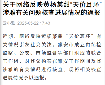 关于网络反映黄杨某甜“天价耳环”涉雅有关问题核查进展情况的通报