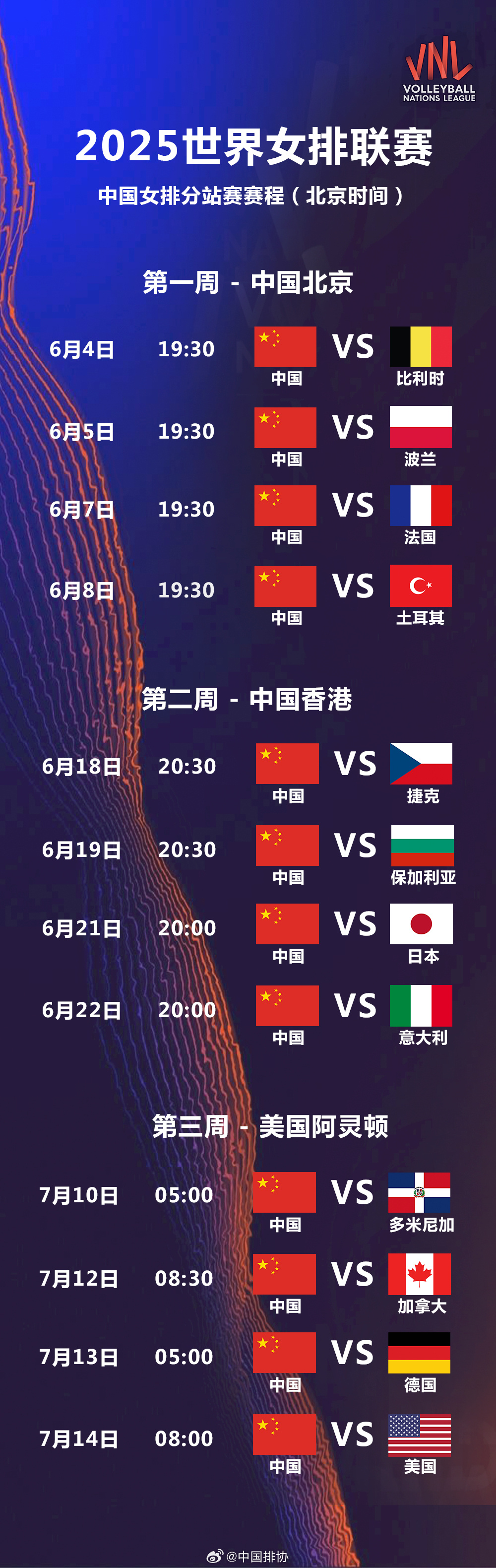 2025年世界女排联赛赛程公布 中国女排首周主场迎战土耳其
