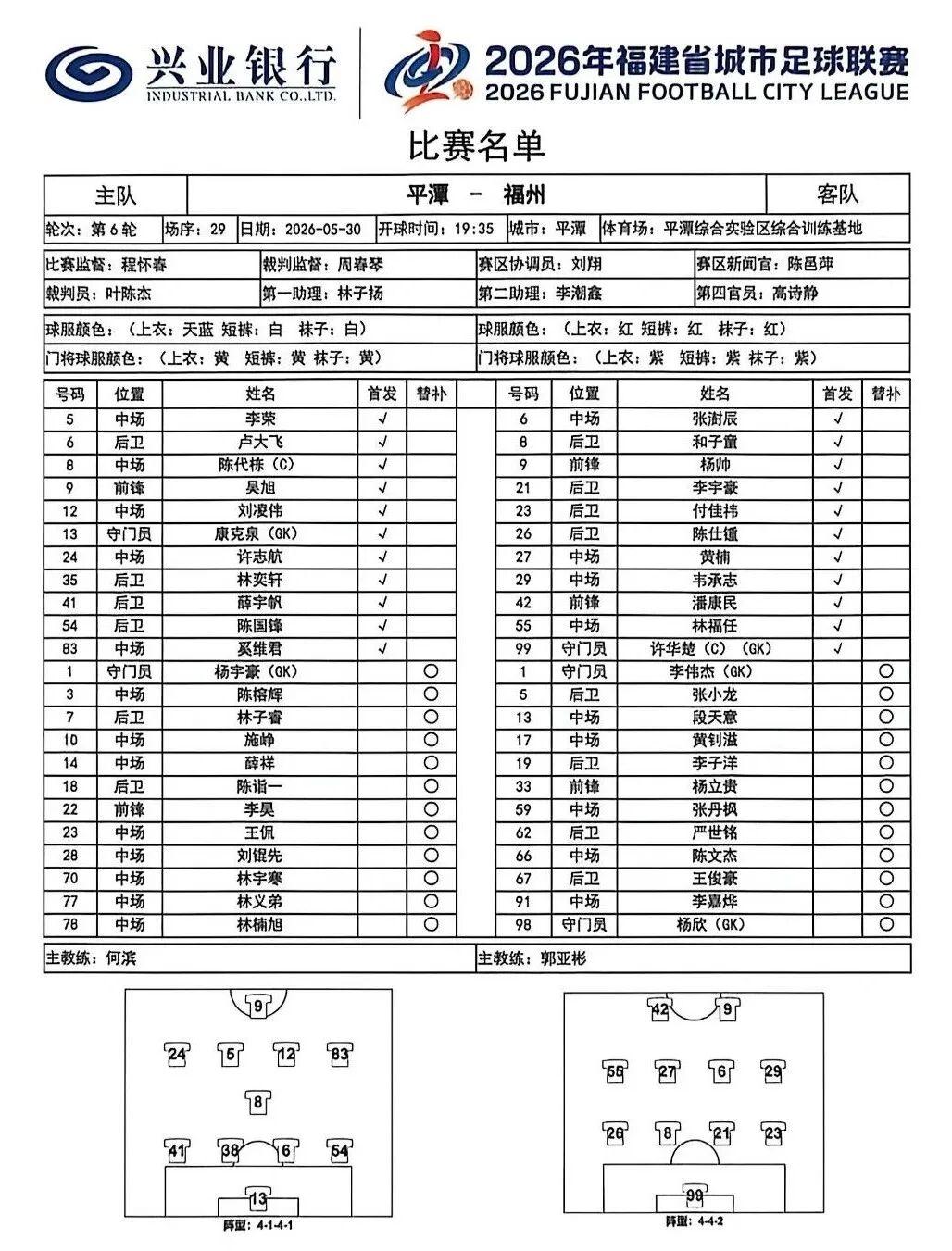 平潭队VS福州队！首发名单来了！