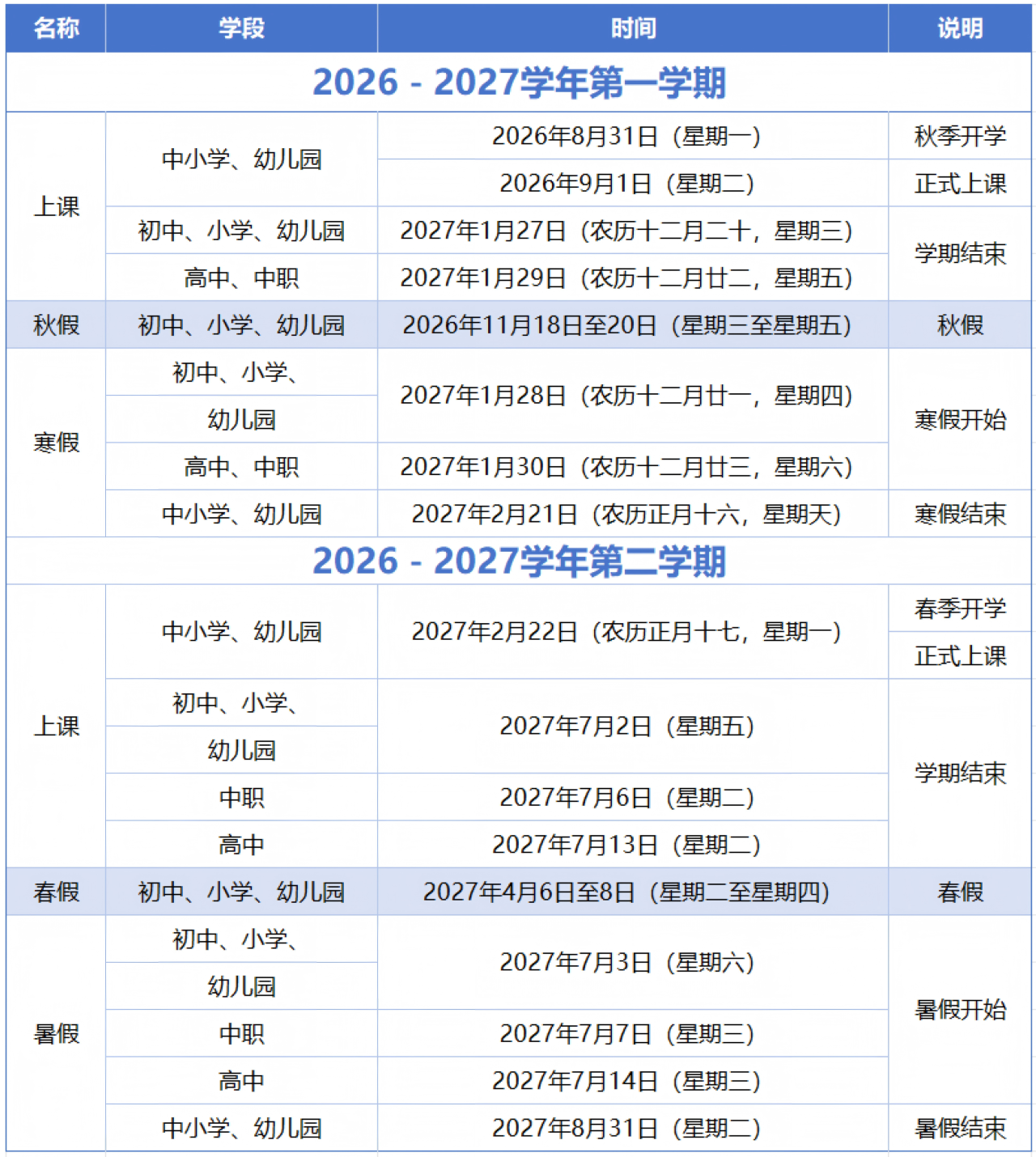 福州各地春秋假时间出炉
