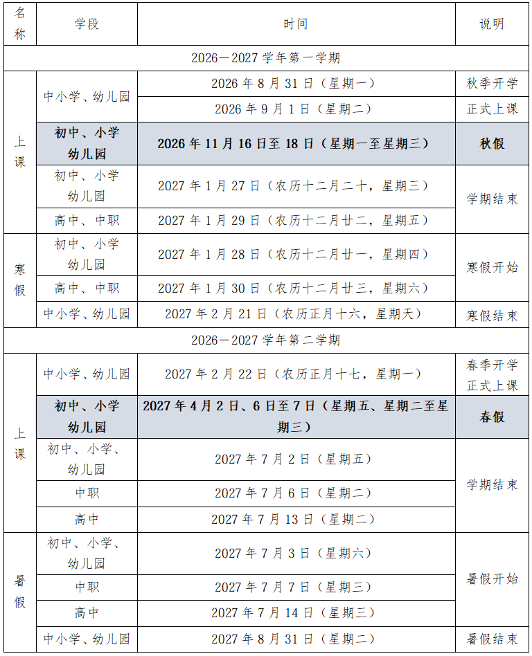福州各地春秋假时间出炉