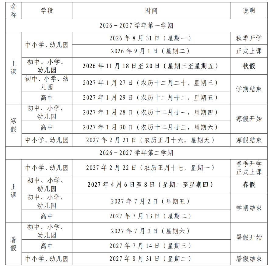 福州各地春秋假时间出炉