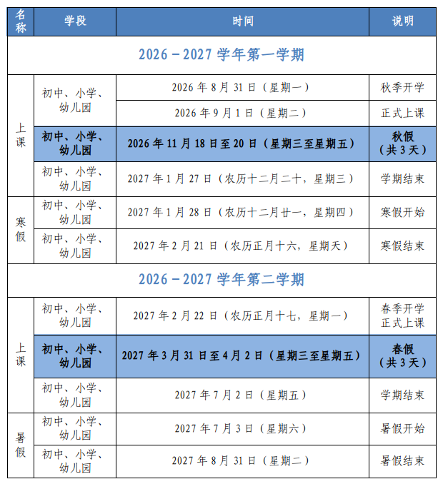 福州各地春秋假时间出炉
