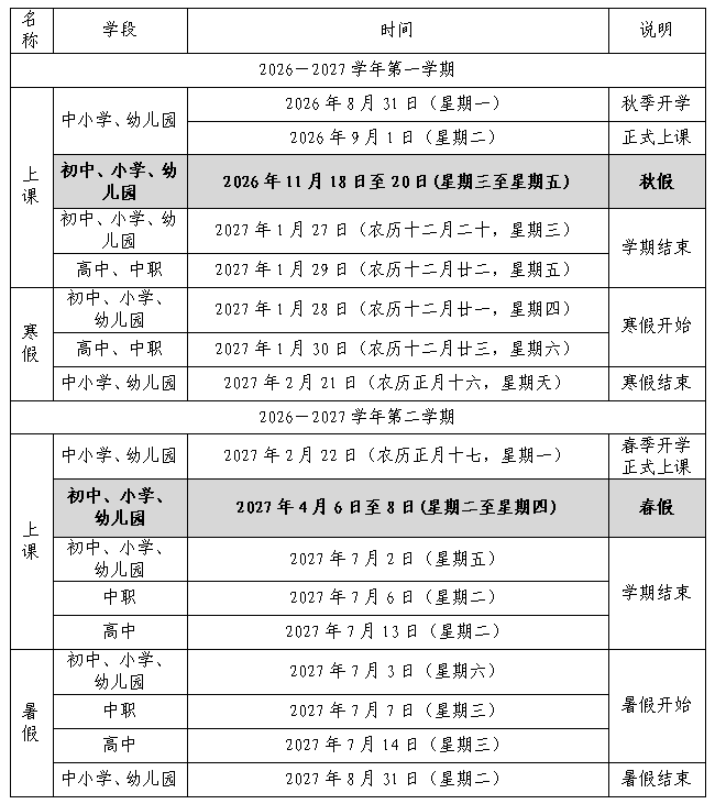 福州各地春秋假时间出炉