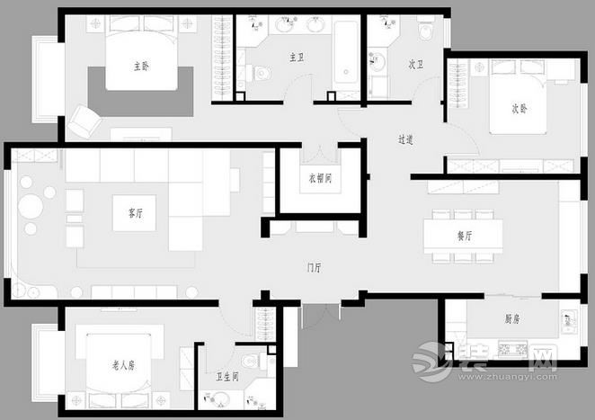 175平米三居室中式装修户型图