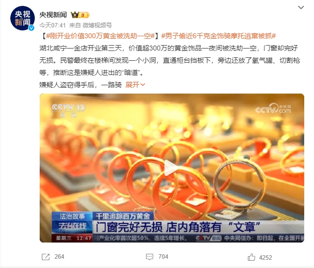 刚开业价值300万黄金被洗劫一空！门窗却完好无损
