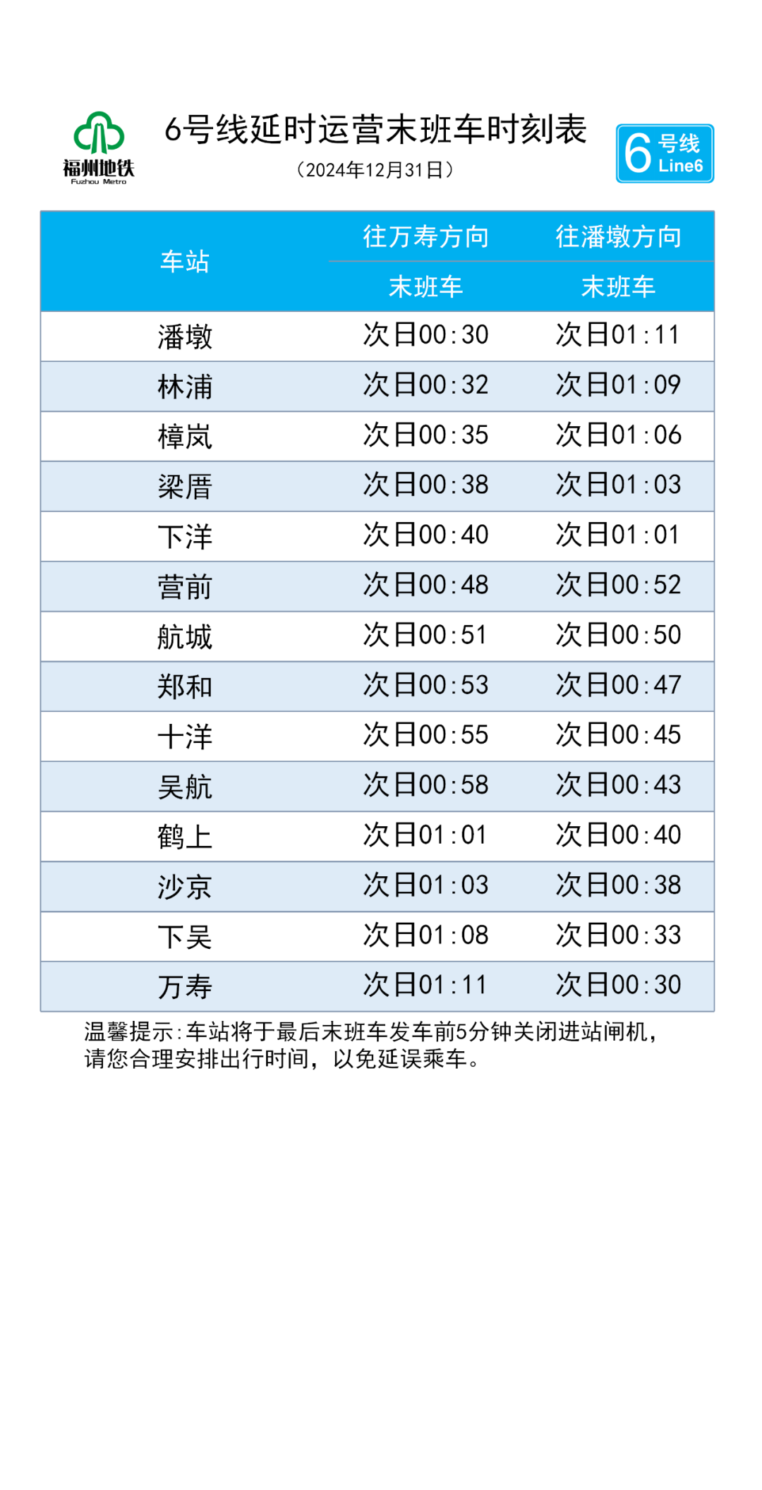 跨年夜、元旦假期，福州地铁延长运营服务时间！