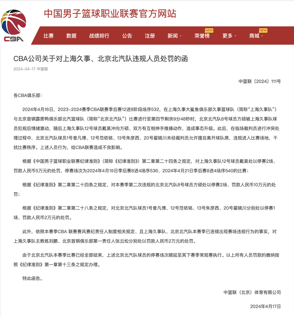 CBA开罚单：上海队1人停赛2场，北京队5人停赛6场