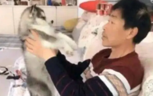 哈士奇被大叔抱在怀里聊天，随后二哈的举动，却让大家瞬间尴尬