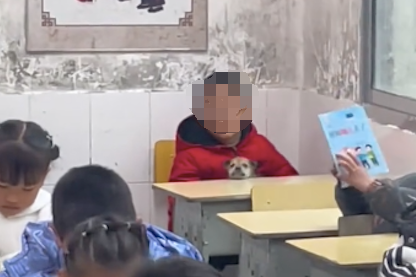 男孩将家里小狗带到教室，老师看到后好气又好笑，下次不许带了哦
