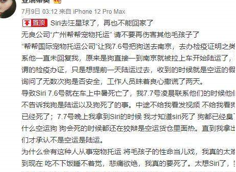 “广州帮帮宠物托运”收空运钱，改陆运致宠物金毛犬死亡