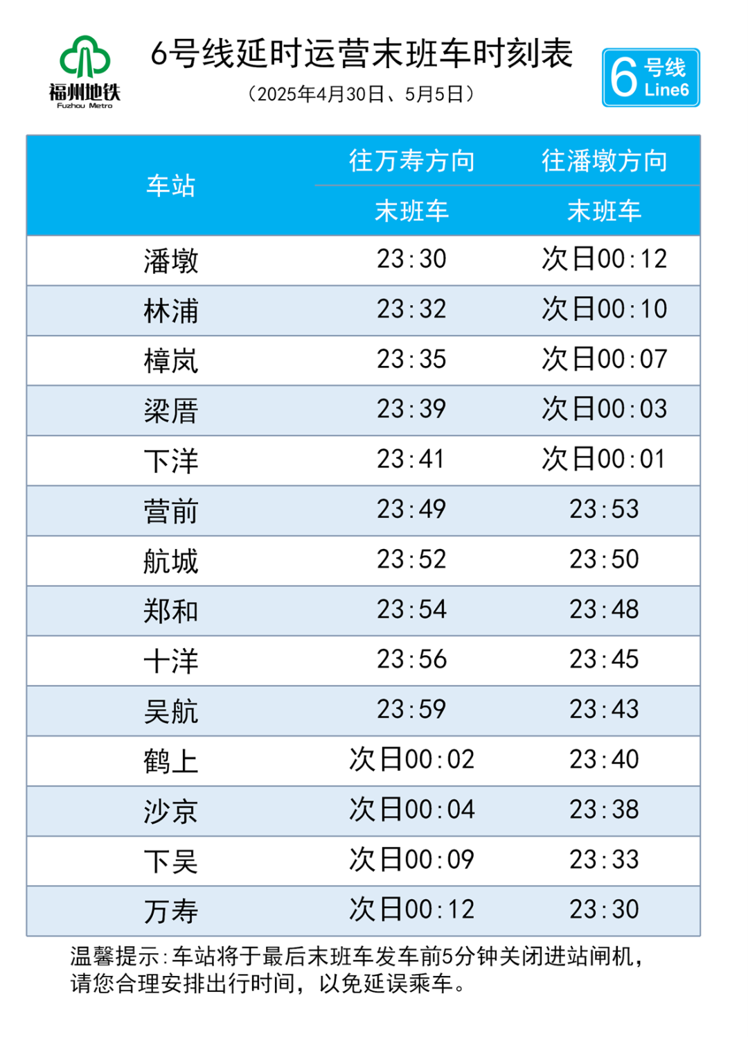 “五一”假期，福州地铁延长运营时间