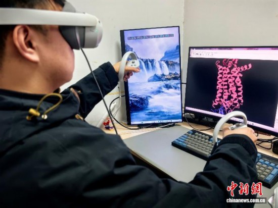 团队成员使用VR绘制蛋白骨架。（浙江大学供图）
