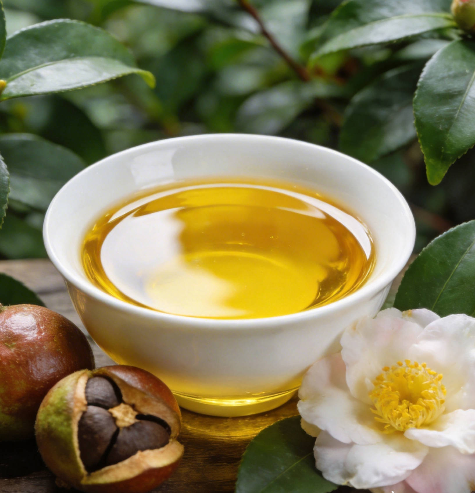 jimeng-2026-03-19-9229-高清摄影，一碗金黄透亮的山茶油置于画面中央，旁边摆放新鲜的山茶果和盛开的山茶花，....jpg