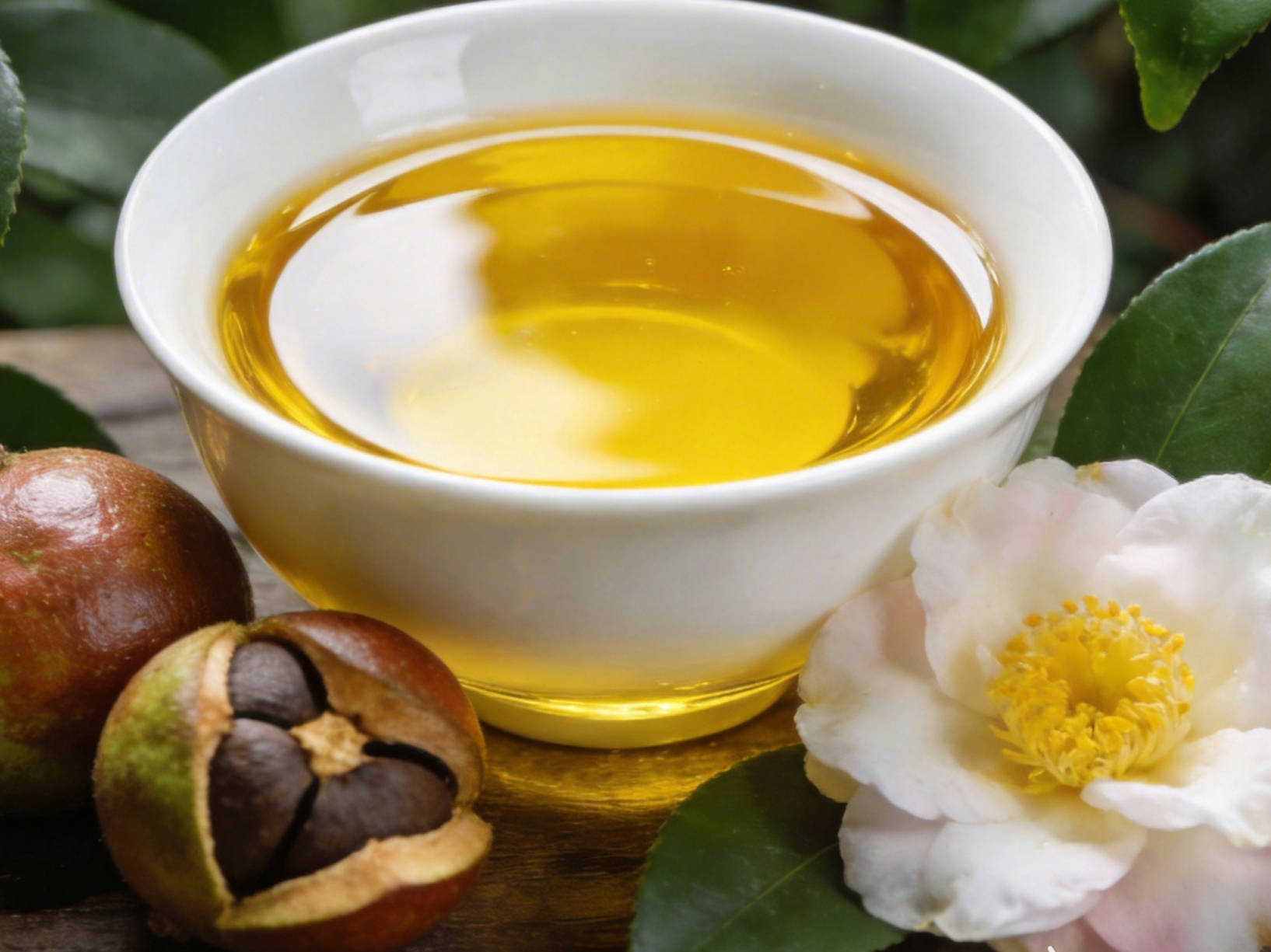 jimeng-2026-03-19-9229-高清摄影，一碗金黄透亮的山茶油置于画面中央，旁边摆放新鲜的山茶果和盛开的山茶花，....jpg